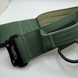 May include: A green and black dog collar with a metal buckle and a D-ring. The collar is made of nylon webbing and has the text "Nu&Co" printed on the buckle.