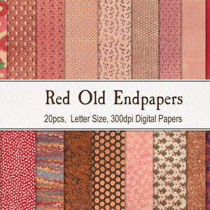 Op de afbeelding: Een verzameling van 20 digitale papieren met diverse rode patronen, waaronder bloemen-, geometrische en textuurontwerpen. De papieren zijn letterformaat en 300 dpi, met de tekst "Red Old Endpapers".