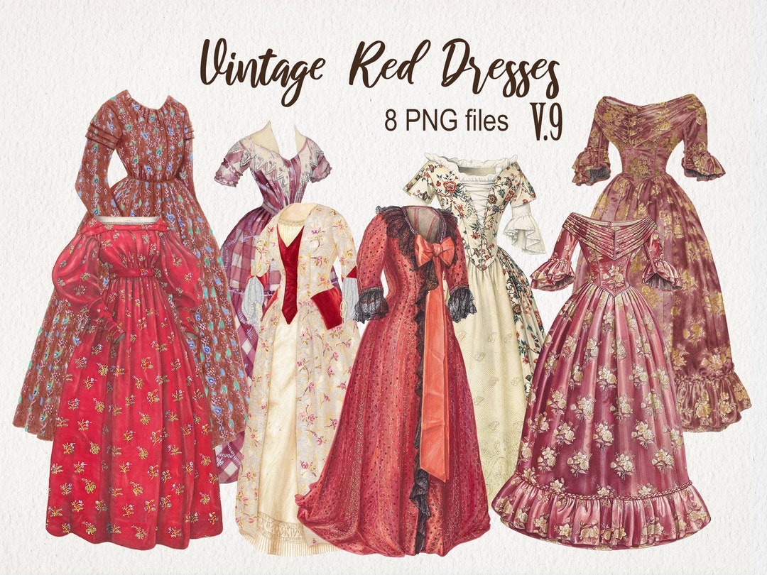 Vintage Red Dresses Clipart. DIGITAL DOWNLOAD. Antique Fashion