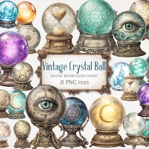 May include: A collection of vintage crystal ball clipart in various colors and designs. The balls feature intricate details, including an eye, an hourglass, and celestial symbols. The image includes the text "Vintage Crystal Ball" and "31 PNG FILES".