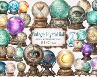 Peut inclure: Collection de cliparts de boules de cristal vintage de différentes couleurs et motifs. Les boules présentent des détails complexes, notamment un œil, un sablier et des symboles célestes. L'image comprend le texte "Vintage Crystal Ball" et "31 PNG FILES".