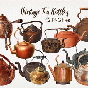 Vintage gamla tekokare. DIGITAL NEDLADDNING. PNG. Transparent bakgrund. Antik clipart. Kommersiellt bruk. Akvarell illustration. Tekanna.