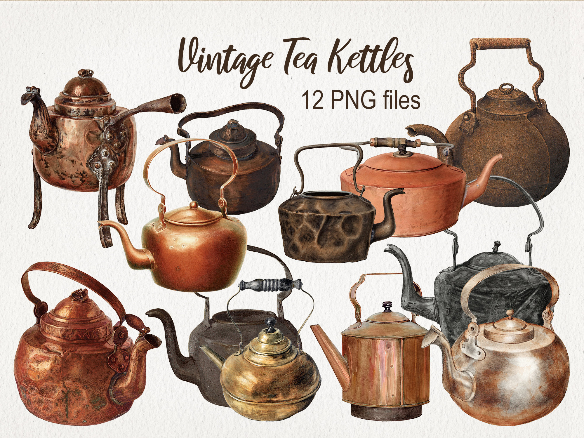 Vintage Old Tea Kettles . DIGITAL DOWNLOAD. PNG. Transparent Background. Antique Clipart. Commercial Use. Watercolor Illustration. Teapot.