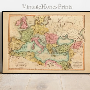 Póster de mapa antiguo. DESCARGA DIGITAL. Imperio Romano. Antiguo arte de pared imprimible. Impresión antigua. Arte educativo antiguo. Tonos sepia.