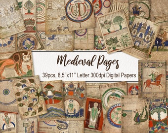 Può includere: 39 carte digitali con illustrazioni medievali. Le carte misurano 8,5 pollici per 11 pollici e 300 dpi. Le illustrazioni includono un leone, un albero della vita, un castello, un cavaliere a cavallo e un drago.