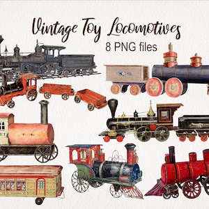 May include: Eight vintage toy locomotives in various colors, including red, black, and blue. The locomotives are made of metal and have detailed features, such as wheels, smokestacks, and windows. The locomotives are arranged in a row, with the largest locomotive in the center.