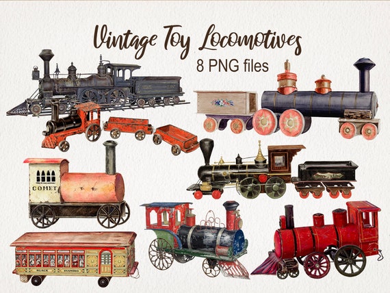 Vintage Old Toy Locomotive. DIGITAL DOWNLOAD. PNG Watercolor Clip Art. Transparent Background. Commercial Use. Antique Train Illustration.