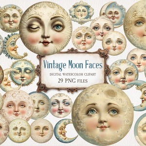 May include: A collection of vintage-style moon face illustrations in various sizes and expressions. The faces have rosy cheeks, blue eyes, and are set against a cream-colored background. The image includes the text "Vintage Moon Faces" and "29 PNG FILES".