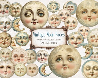 May include: A collection of vintage-style moon face illustrations in various sizes and expressions. The faces have rosy cheeks, blue eyes, and are set against a cream-colored background. The image includes the text "Vintage Moon Faces" and "29 PNG FILES".