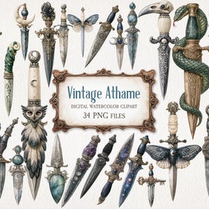 May include: A collection of 34 digital watercolor athame illustrations featuring ornate handles with motifs like skulls, snakes, owls, butterflies, and flowers, surrounding a central rectangular sign reading Vintage Athame DIGITAL WATERCOLOR CLIPART 34 PNG FILES.