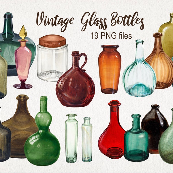 Vintage Glass Bottles . DIGITAL DOWNLOAD. PNG. Antique Clipart. Commercial Use. Old Watercolor Illustration. Scrapbook Junk Journal Ephemera