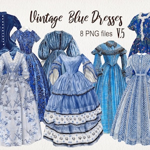 Vintage Blue Dresses Clipart. DIGITAL DOWNLOAD. Antique Fashion Watercolor Illustrations. PNG. Victorian Old Dress. Scrapbook, Junk Journal