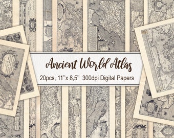 Ancient World Atlas Antique Old Maps. DIGITAL DOWNLOAD. Commercial Use. Vintage Illustration. Travel Scrapbook, Printable Junk Journal Paper
