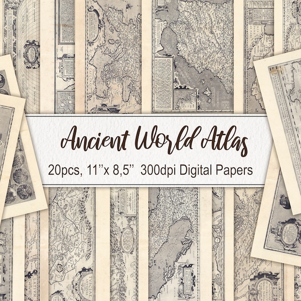 Ancient World Atlas Antique Old Maps. DIGITAL DOWNLOAD. Commercial Use. Vintage Illustration. Travel Scrapbook, Printable Junk Journal Paper