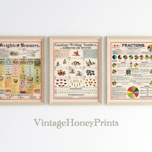 Vintage Weight Measures Counting Numbers Poster. DIGITAL DOWNLOAD. School And Family Charts. Educational Antique Printable Wall Art.Set of 3