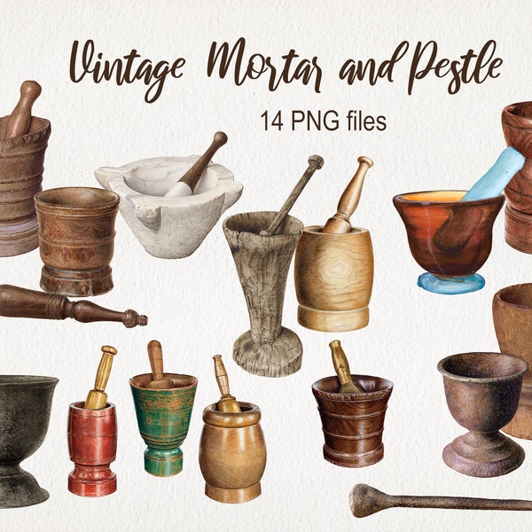 Vintage Mortar Pestle Illustrations. DIGITAL DOWNLOAD. PNG Clip Art. Transparent Background. Antique Old Kitchen Clipart. Commercial Use.