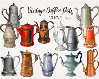 Vintage Old Tea Coffee Pots. DIGITAL DOWNLOAD. PNG. Transparent Background. Antique Clipart. Commercial Use. Watercolor Illustration.