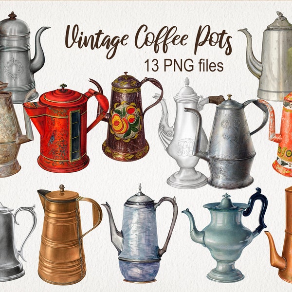 Vintage Old Tea Coffee Pots. DIGITAL DOWNLOAD. PNG. Transparent Background. Antique Clipart. Commercial Use. Watercolor Illustration.
