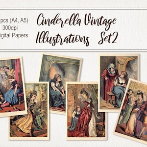 Cinderella Fairy Tale Book Vintage Antique Old Illustrations. DIGITAL DOWNLOAD. Printable Wall Art Children Nursery Poster Scrapbook Journal
