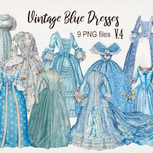 Puede incluir: Ilustración en acuarela de nueve vestidos azules vintage. Los vestidos varían en estilo, con detalles como encaje, volantes y estampados florales. También aparece el texto "Vintage Blue Dresses" y "9 PNG files V.4".