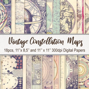 Antiguos mapas de estrellas del cielo de la constelación. DESCARGA DIGITAL. Ilustración vintage de uso comercial. Libro de recortes de astronomía Papel de diario basura imprimible