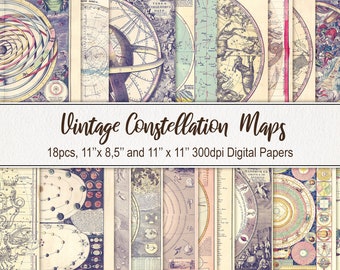 May include: A set of 18 vintage constellation maps, featuring detailed illustrations of celestial bodies and constellations. The maps are in a muted color palette with shades of blue, brown, and cream. The maps are 11 inches by 8.5 inches and 11 inches by 11 inches.