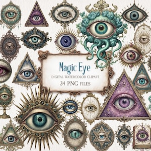 Puede incluir: Clipart digital de acuarela con varios diseños de ojos en marcos ornamentados y formas geométricas. Los diseños incluyen ojos con iris azules, verdes y morados. El texto "Magic Eye" se muestra en un marco decorativo, junto con "34 PNG FILES".