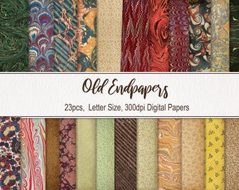 Páginas imprimibles de diario basura con guardas antiguas. Papel original de libro antiguo. Descarga digital. Uso comercial. Diario basura de scrapbooking. Paquete de 23.