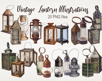 Vintage Lantern Lamp Candle Light . DIGITAL DOWNLOAD. PNG. Antique Clipart. Commercial Use. Watercolor Illustration. Scrapbook Junk Journal