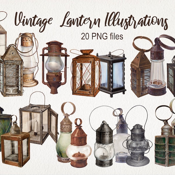 Vintage Lantern Lamp Candle Light . DIGITAL DOWNLOAD. PNG. Antique Clipart. Commercial Use. Watercolor Illustration. Scrapbook Junk Journal