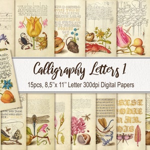 Calligraphy Letters Papers Pages. DIGITAL DOWNLOAD. Commercial Use Vintage Illustration. Scrapbook Ephemera Junk Journal. 15 Pack