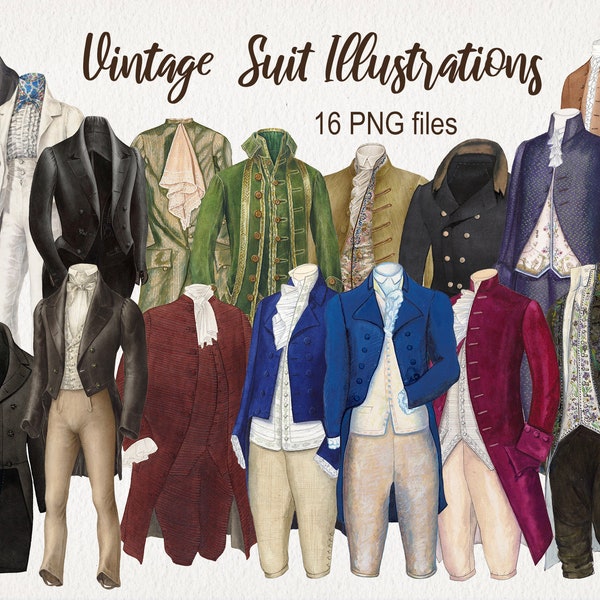 Vintage Victorian Men Clothing Suit Coat Clipart. DIGITAL DOWNLOAD. Commercial Use.  Antique Fashion Watercolor Illustrations. PNG.