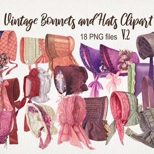 May include: A collection of 18 vintage bonnets and hats in various colours and styles, including pink, purple, grey, and white. The hats are decorated with lace, ribbons, and flowers.  Vintage Bonnets and Hats Clipart V.2 18 PNG files