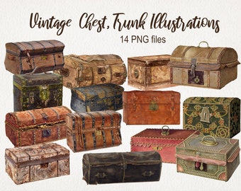 sac de trésor de tronc de poitrine vintage. TÉLÉCHARGEMENT NUMÉRIQUE. PNG. Clipart antique. Un usage commercial. Illustration à l&#39;aquarelle. Scrapbook Junk Journal