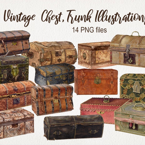 Vintage Chest Trunk Treasure Bag . DIGITAL DOWNLOAD. PNG.  Antique Clipart. Commercial Use. Watercolor Illustration. Scrapbook Junk Journal