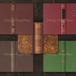 Peut inclure: Cinq couvertures de livres vintage avec diff&eacute;rentes couleurs et motifs. Les couvertures sont brunes, rouges, vertes et dor&eacute;es. Les dos des livres sont d&eacute;cor&eacute;s de motifs complexes. Le texte sur les couvertures indique "Vintage Honey Prints".