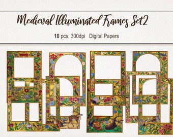 May include: Set of 10 digital papers featuring medieval illuminated frames with gold accents and colorful floral and animal motifs.  The frames are perfect for adding a touch of history and elegance to your digital projects.