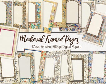 Medieval Framed Pages. A4 Size. DIGITAL DOWNLOAD. Printable  Paper. Commercial Use. Vintage Antique Old Manuscript. Journal, Card. 17 PACK