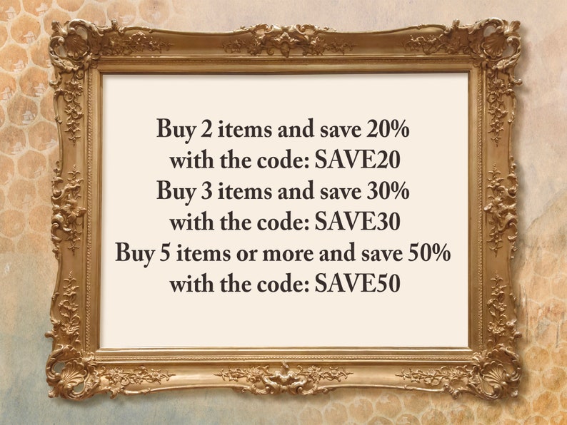 May include: A gold-framed sign with a white background and black text. The sign lists discounts for buying multiple items. Buy 2 items and save 20% with the code SAVE20. Buy 3 items and save 30% with the code SAVE30. Buy 5 items or more and save 50% with the code SAVE50.