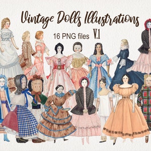 Vintage Puppen Clipart. DIGITALER DOWNLOAD. Antike Aquarell Illustrationen. PNG. Viktorianische Alte Kinder Spielzeug. Sammelalbum Junk Journal Ephemera