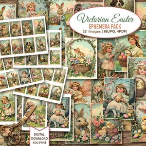 Vintage Easter Ephemera Cards. Cartoline stampabili di Victorian Bunny Lady, illustrazioni. Per Junk Journal. DOWNLOAD DIGITALE. 32 immagini