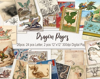 Pages de papier dragon. TÉLÉCHARGEMENT NUMÉRIQUE. Utilisation commerciale. Vintage Antique Old Illustration.Scrapbook, Junk Journal. 26 PAQUET
