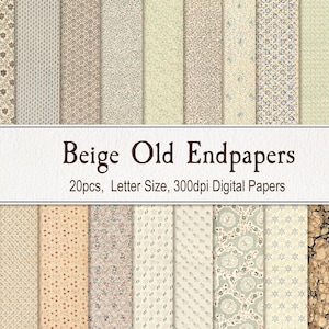 May include: A collection of 20 digital papers with various beige and cream patterns. The papers include floral, geometric, and textured designs. The text "Beige Old Endpapers" is displayed on a white banner, along with "20pcs, Letter Size, 300dpi Digital Papers."