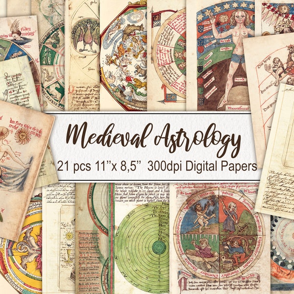 Medieval Astrology Astronomy Papers Pages. DIGITAL DOWNLOAD. Commercial Use Vintage Illustration. Scrapbook Printable Junk Journal Paper