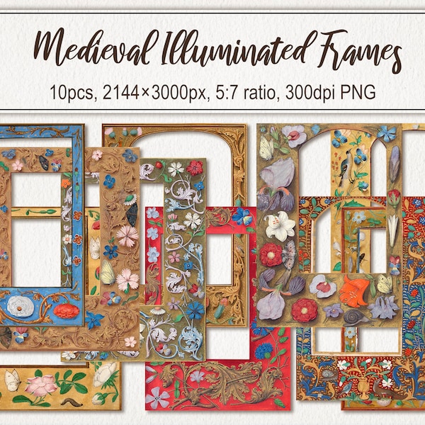 Medieval Illuminated Frames PNG Files. DIGITAL DOWNLOAD. Antique Vintage Old Manuscript Frame  Illustrations. Commercial Use Clipart.