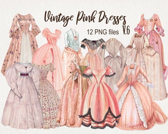 clipart de robes roses vintage. TÉLÉCHARGEMENT NUMÉRIQUE. Illustrations antiques d’aquarelle de mode. PNG. Vieille robe victorienne. Album, journal indésirable