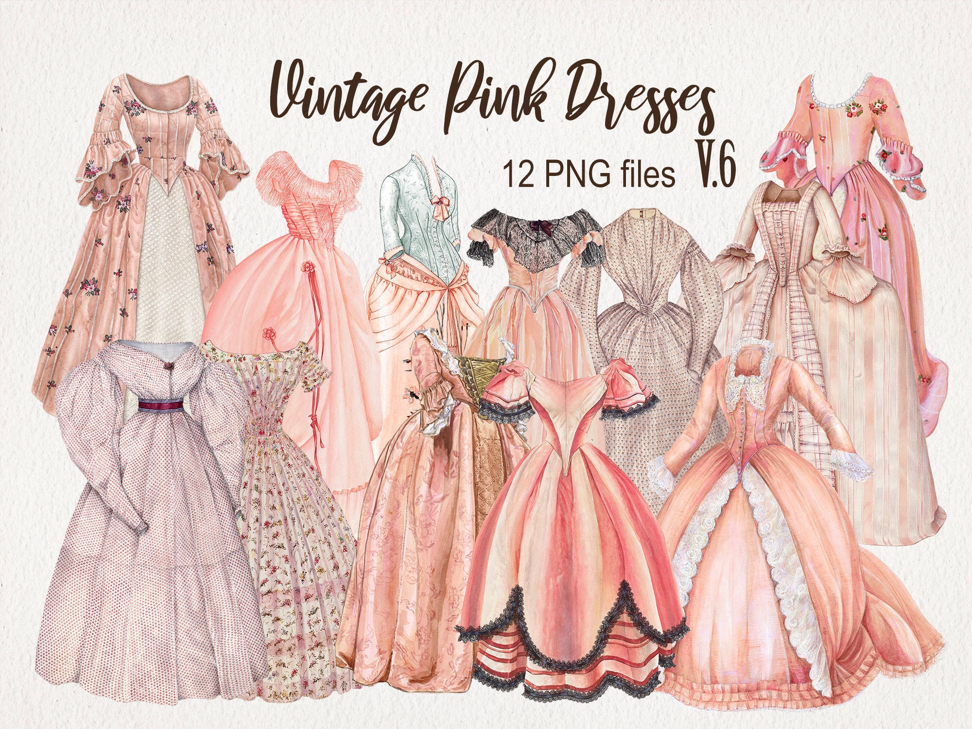 Vintage Pink Dresses Clipart. DIGITAL DOWNLOAD. Antique Fashion