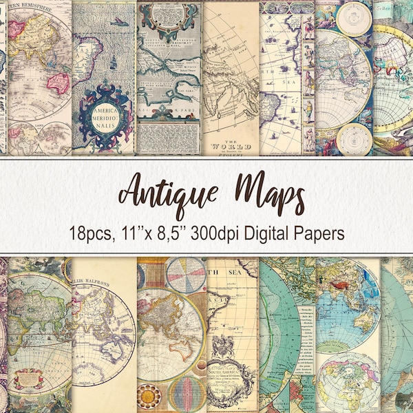 Antique Old Maps. DIGITAL DOWNLOAD. Commercial Use. Vintage Atlas Illustration. Travel Scrapbook, Printable Junk Journal Paper