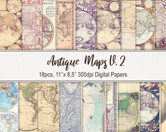 May include: A digital paper pack featuring 18 vintage world maps in various styles. The maps are in shades of brown, blue, green, and beige. The text "Antique Maps V. 2" and "18pcs, 11"x 8,5" 300dpi Digital Papers" is displayed on a white banner.
