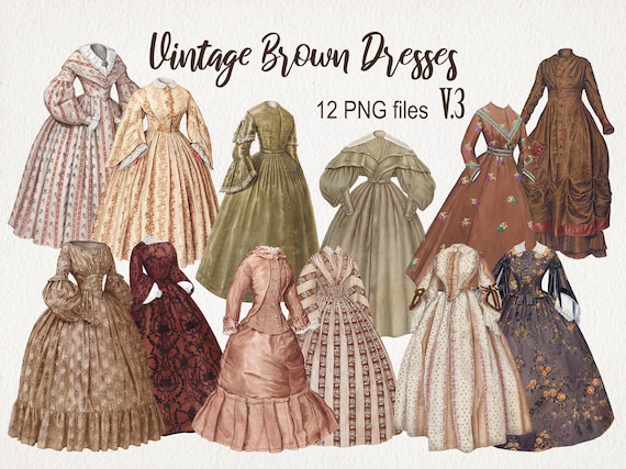 Vintage Brown Dresses Clipart. DIGITAL DOWNLOAD. Antique Fashion Watercolor Illustrations. PNG. Victorian Old Dress. Scrapbook, Junk Journal